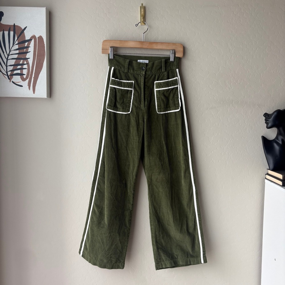 Maria de la Orden Olive Green Corduroy Wide Leg Pants Contrast Piping Size S